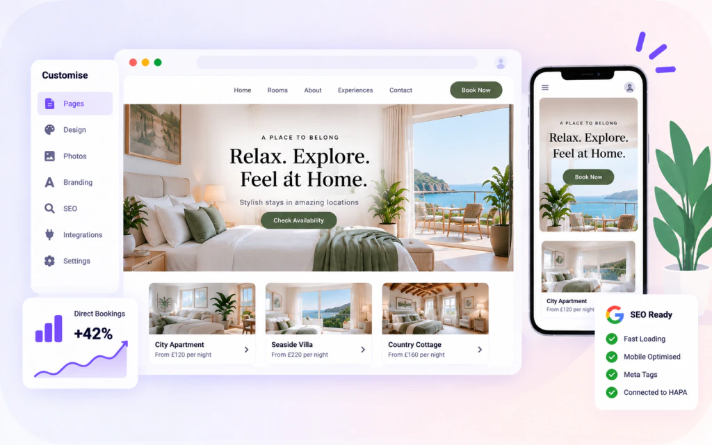 A branded direct-booking website built with HAPA Cloud PMS, showing property listings and a booking form