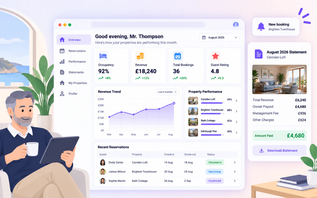 HAPA Cloud PMS owner portal showing statements, payouts and performance for a property owner