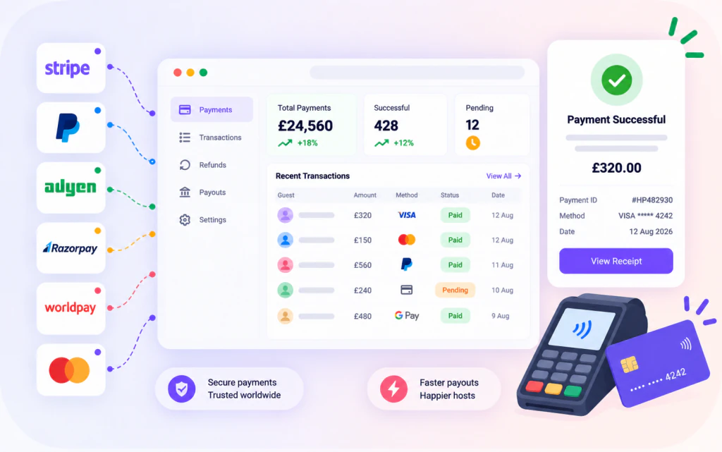 HAPA Cloud PMS payment processing screen showing guest payments, deposits and payouts