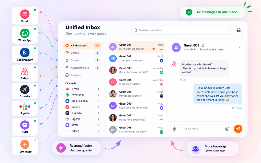 HAPA Cloud PMS unified inbox showing guest conversations from email, WhatsApp, Booking.com, Airbnb and more in one thread list