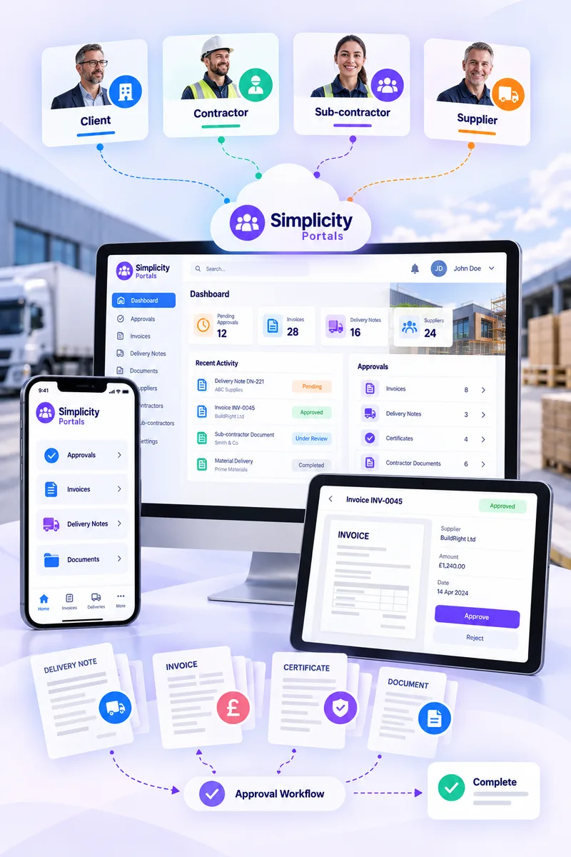 A Simplicity client portal, with approvals, invoices, delivery notes and documents