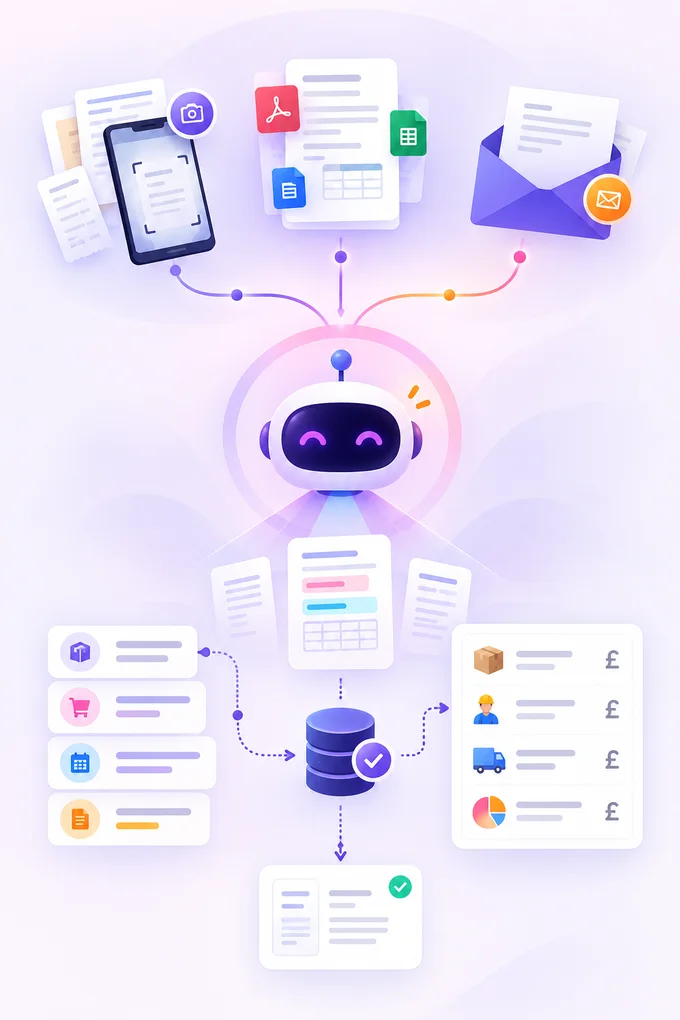 Documents reaching Sim Ai from a phone scan, a file upload and an email, read into a structured record, then matched and costed line by line against the job